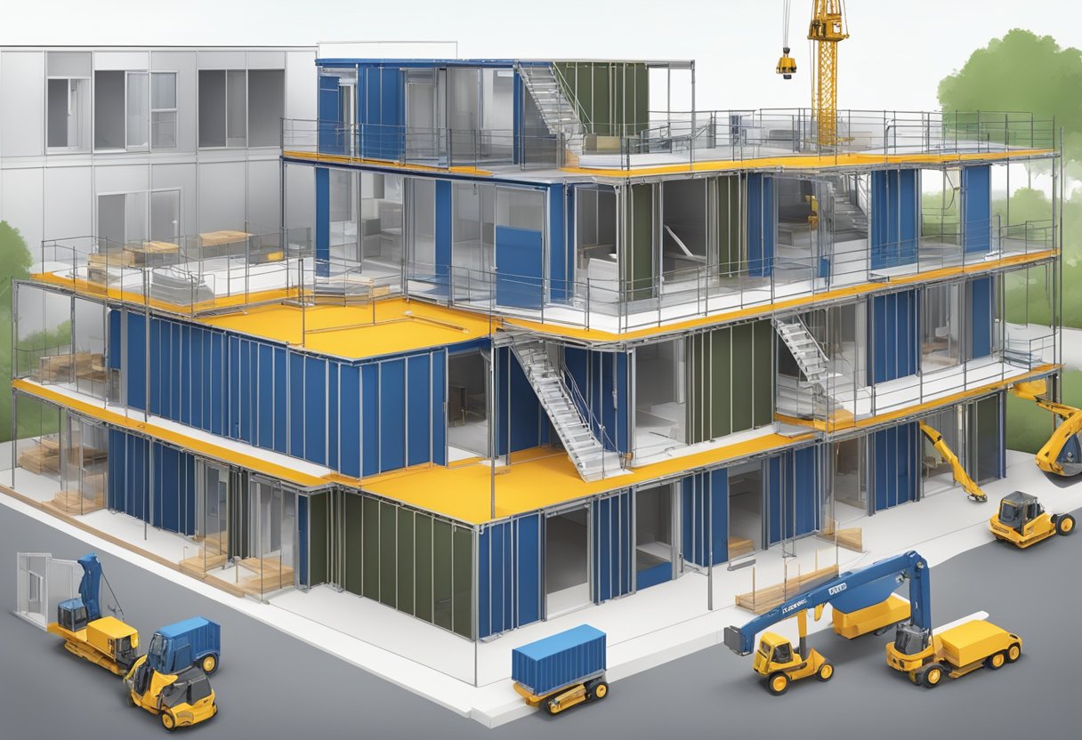 A modular building being constructed with various modules being assembled together to form a structure, showcasing the versatility and efficiency of modular construction