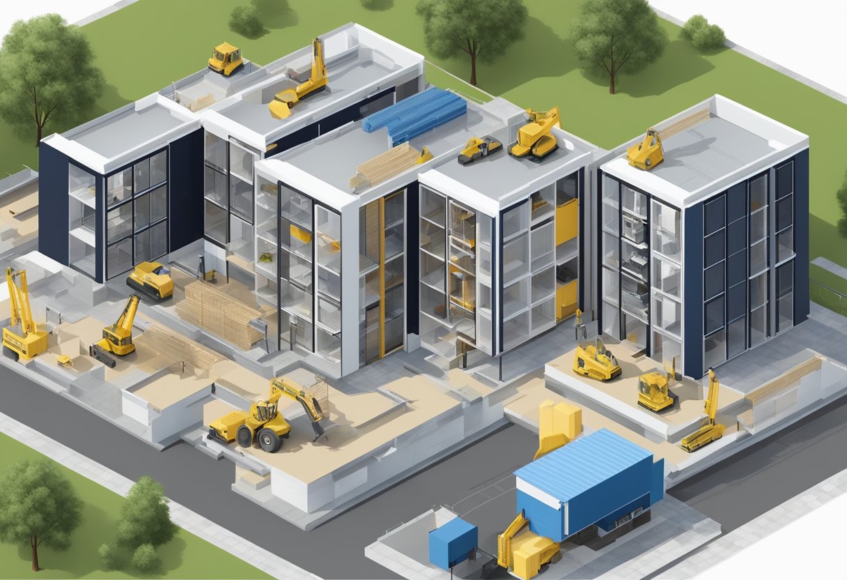 A modular construction project in progress, with different types of modular buildings being assembled and used for various purposes