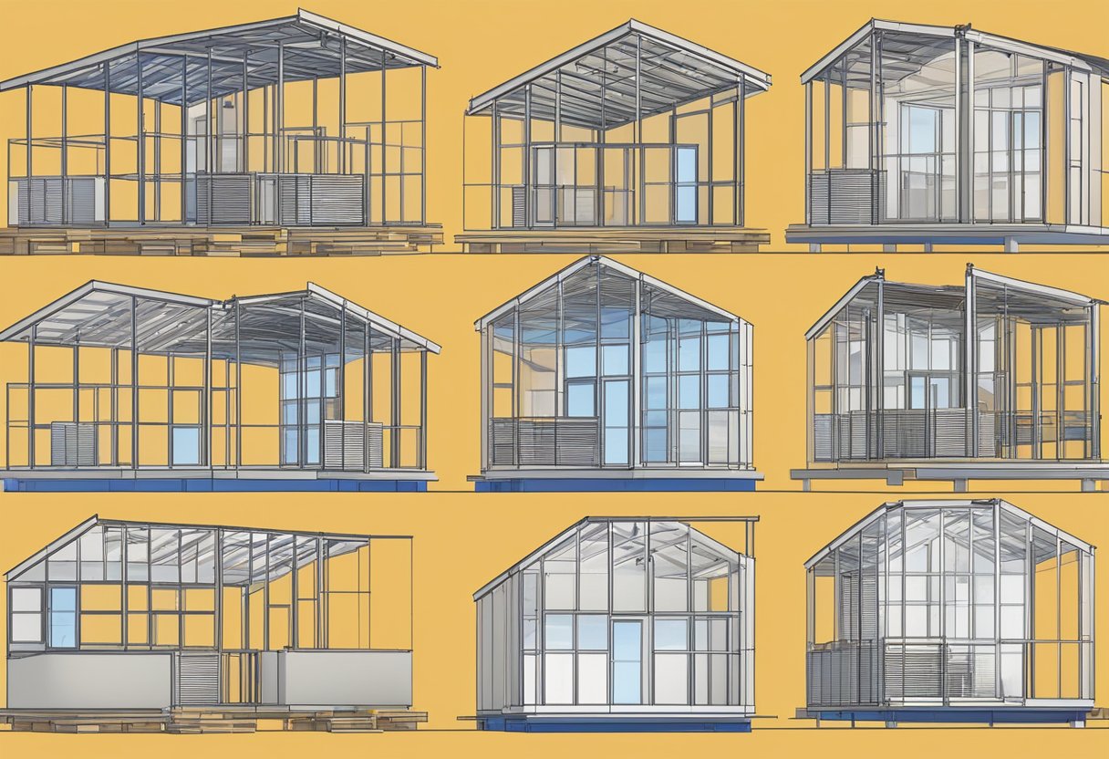 A modular building being constructed with adherence to technical aspects and safety standards. Various types and applications of modular construction are evident