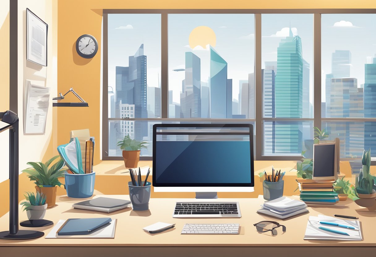 A modern office desk with a computer, sketchbook, and UX design tools scattered around. A window with city skyline in the background