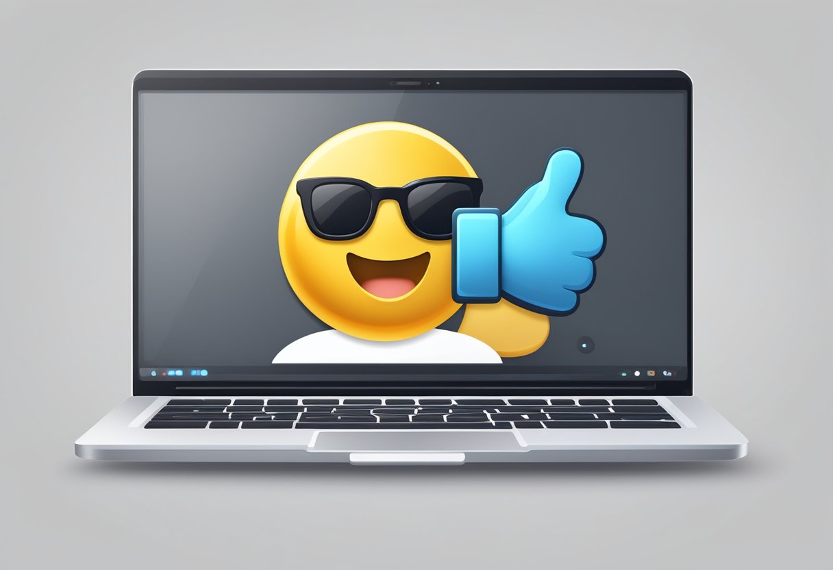 A laptop displaying a sleek, user-friendly interface. A smiling emoji and a thumbs-up icon appear on the screen, conveying positive feedback