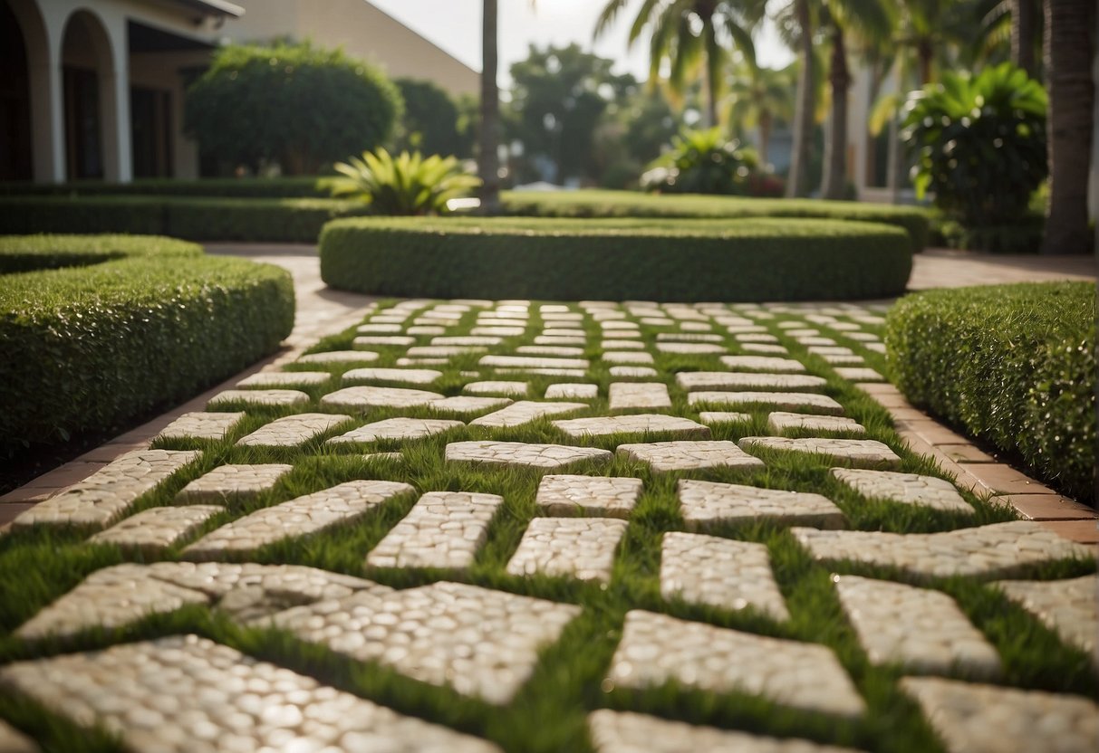 Interlocking pavers arranged in various patterns, surrounded by lush greenery and under the warm Florida sun