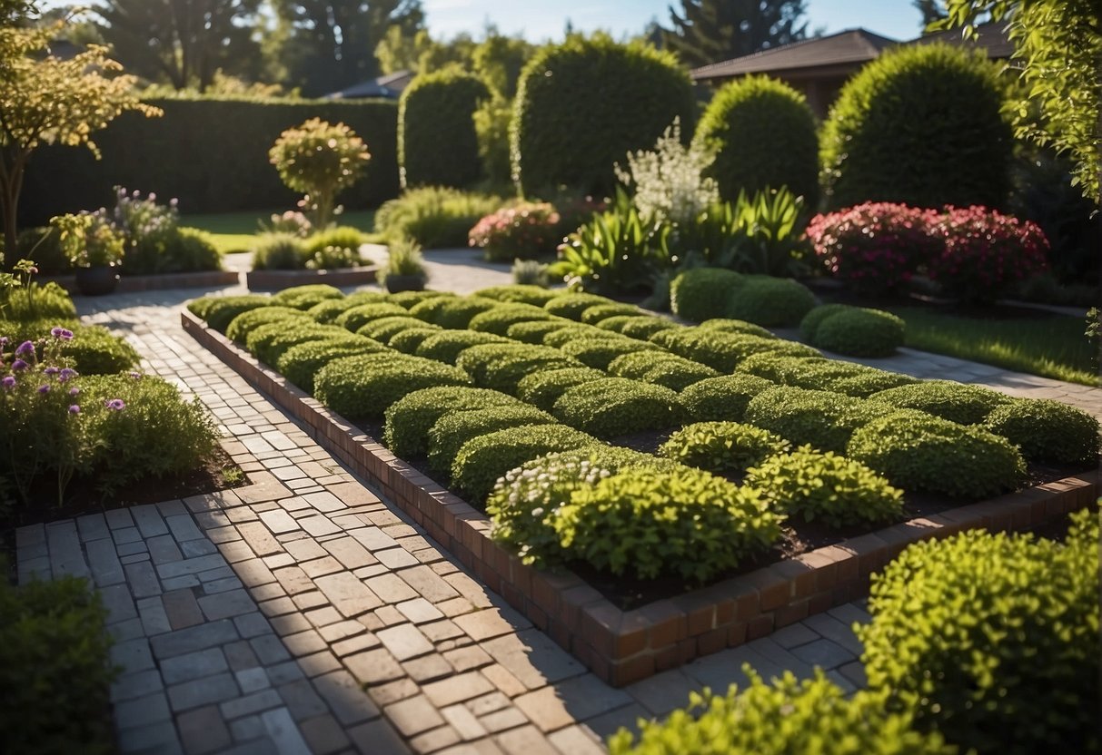 A sunny backyard with a variety of interlocking paver designs arranged in a geometric pattern. Lush greenery and a clear blue sky provide a picturesque backdrop