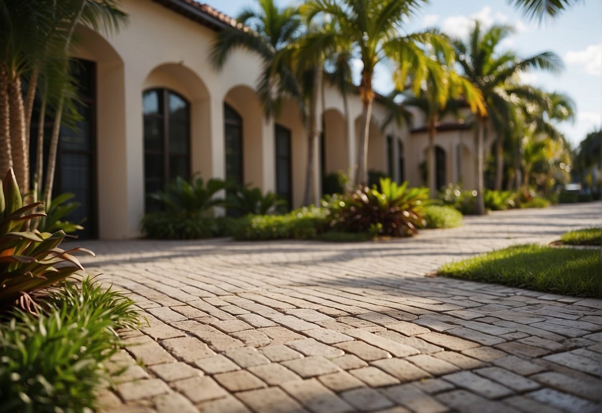 Interlocking pavers arranged in various patterns and designs, surrounded by lush greenery and under the bright Florida sun