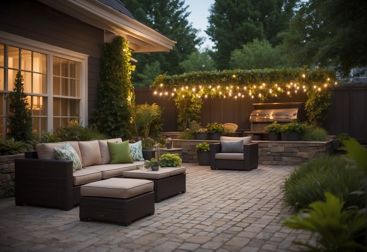 A cozy outdoor living space with interlocking pavers, surrounded by lush greenery and accented with comfortable furniture and ambient lighting