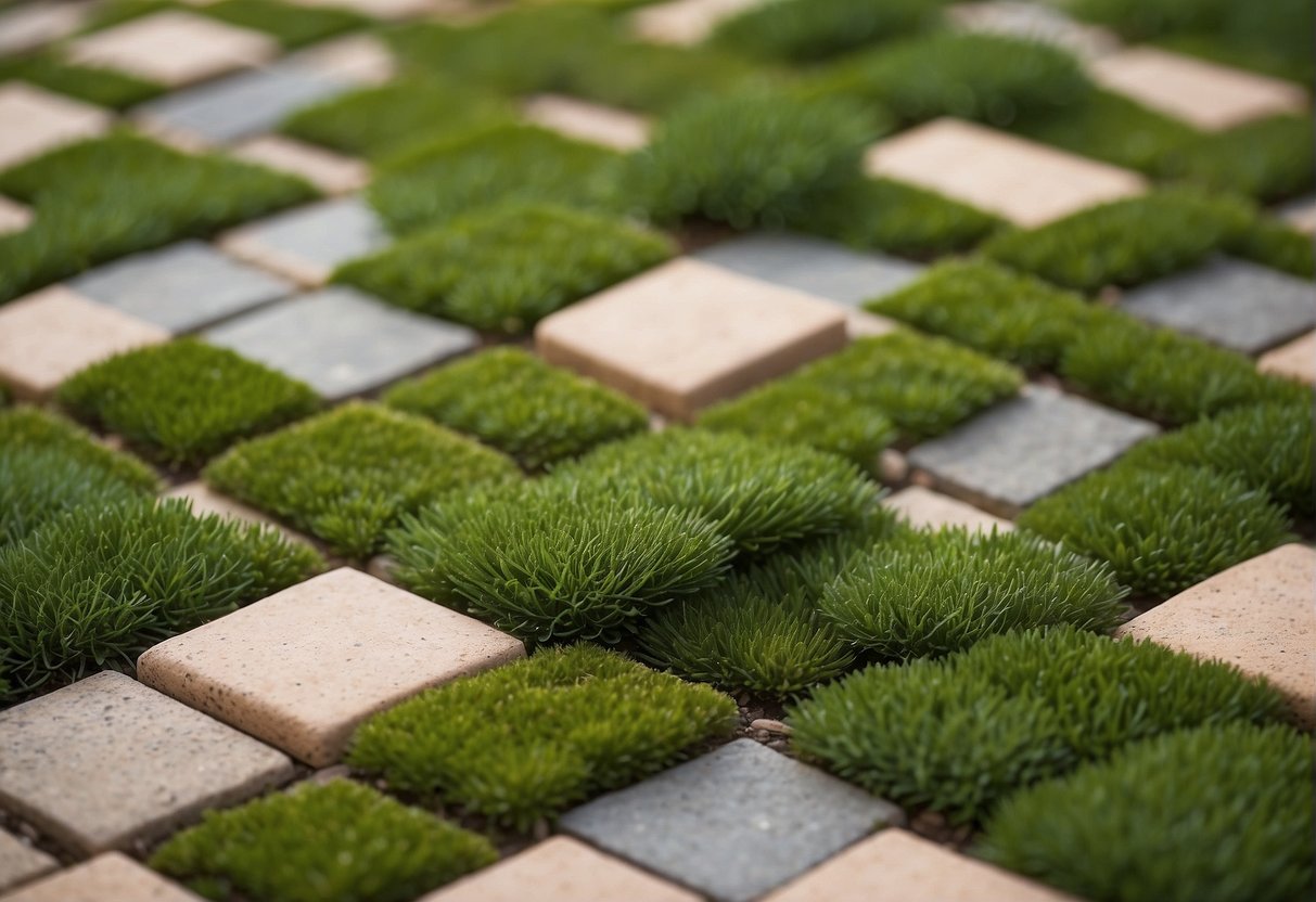 Interlocking pavers arranged in a neat pattern, surrounded by greenery. Some pavers are clean while others show signs of wear and dirt buildup