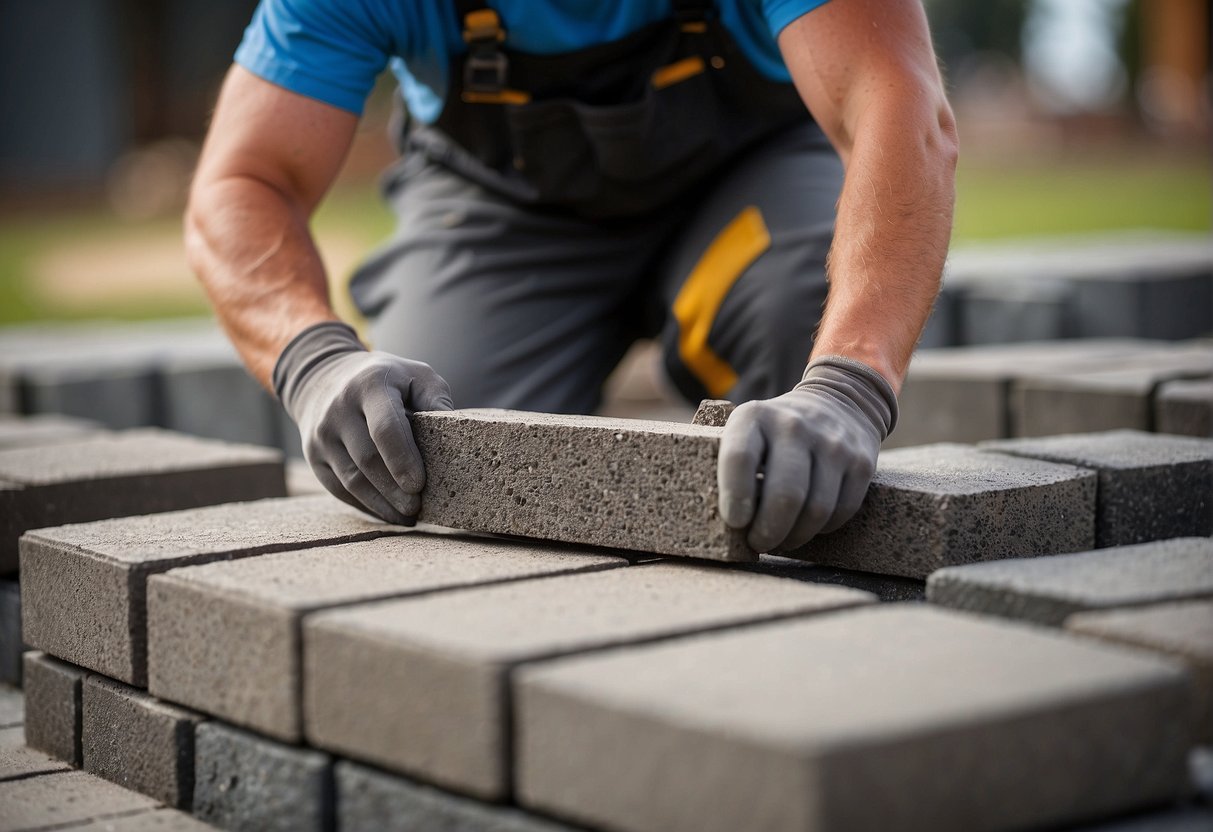 A worker installs interlocking pavers with a rubber mallet and sand. The pavers are laid in a staggered pattern, ensuring a tight fit