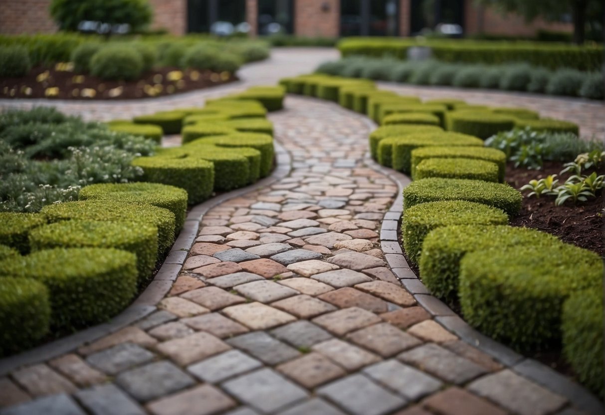 Interlocking pavers arranged in a geometric pattern. Surrounding landscape features weed-free, clean, and well-maintained paver surface