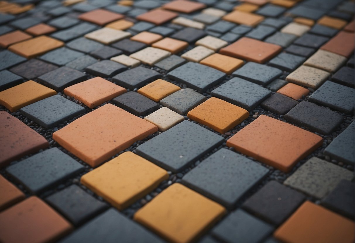 A variety of interlocking pavers arranged in a landscape with different colors and textures. Some pavers are laid in a traditional pattern while others are in a more intricate design