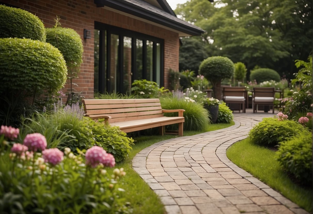 A patio with interlocking pavers in a landscaped garden, surrounded by lush greenery and blooming flowers, with a seating area and a pathway leading to it