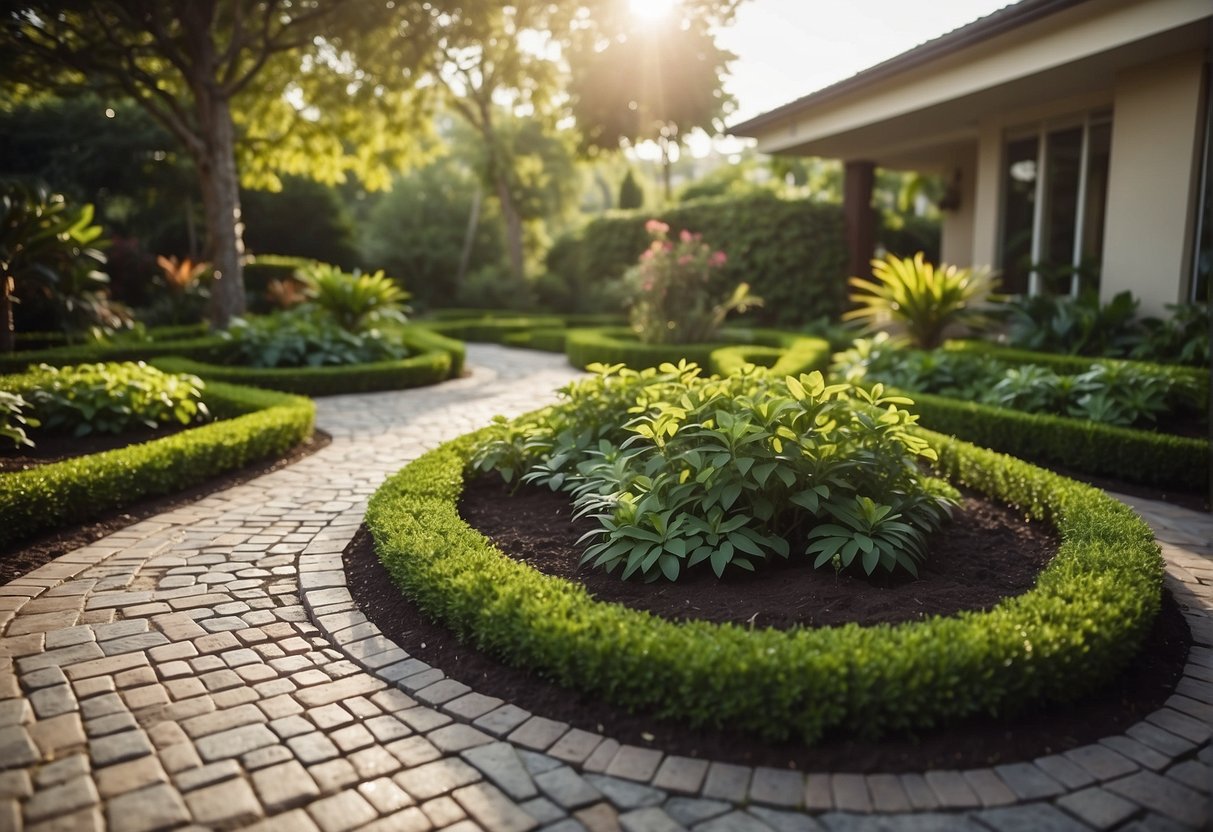 A landscaped area with interlocking pavers, surrounded by lush greenery and well-maintained plants. The pavers show no signs of wear and tear, indicating durability