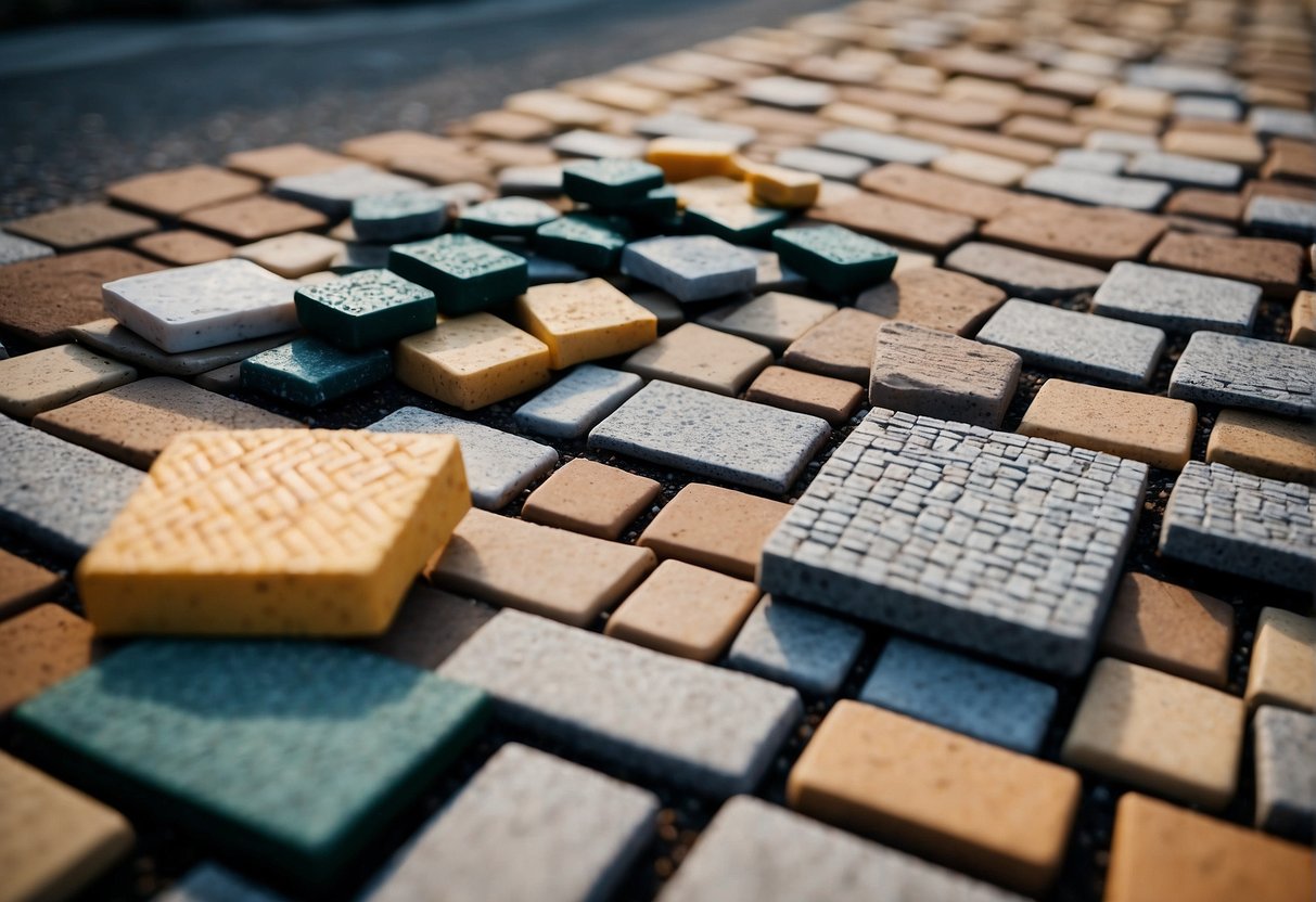 A landscape with various interlocking paver options displayed, with price tags and budgeting tools nearby