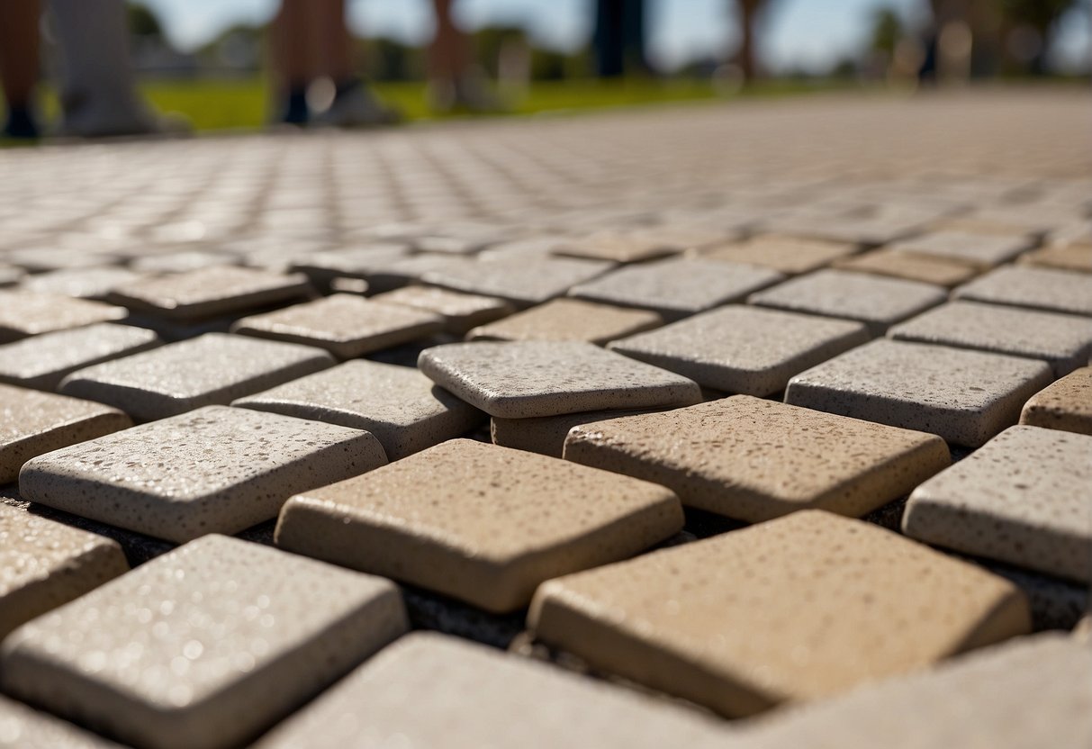 A sunny day in Fort Myers, Florida. A close-up of interlocking pavers being examined for durability. Surrounding materials and site conditions are being assessed