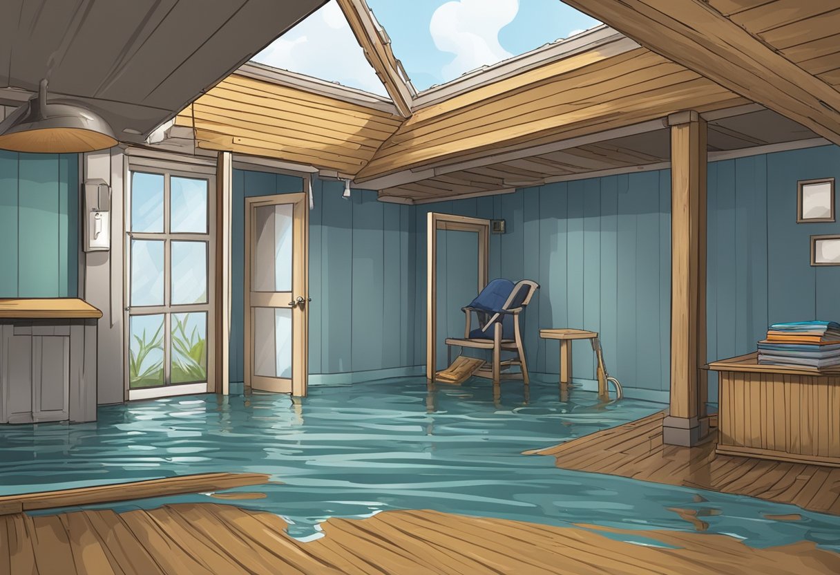 Water damage: leaking pipes in a flooded basement. Flood damage: rising river water engulfing a home's first floor