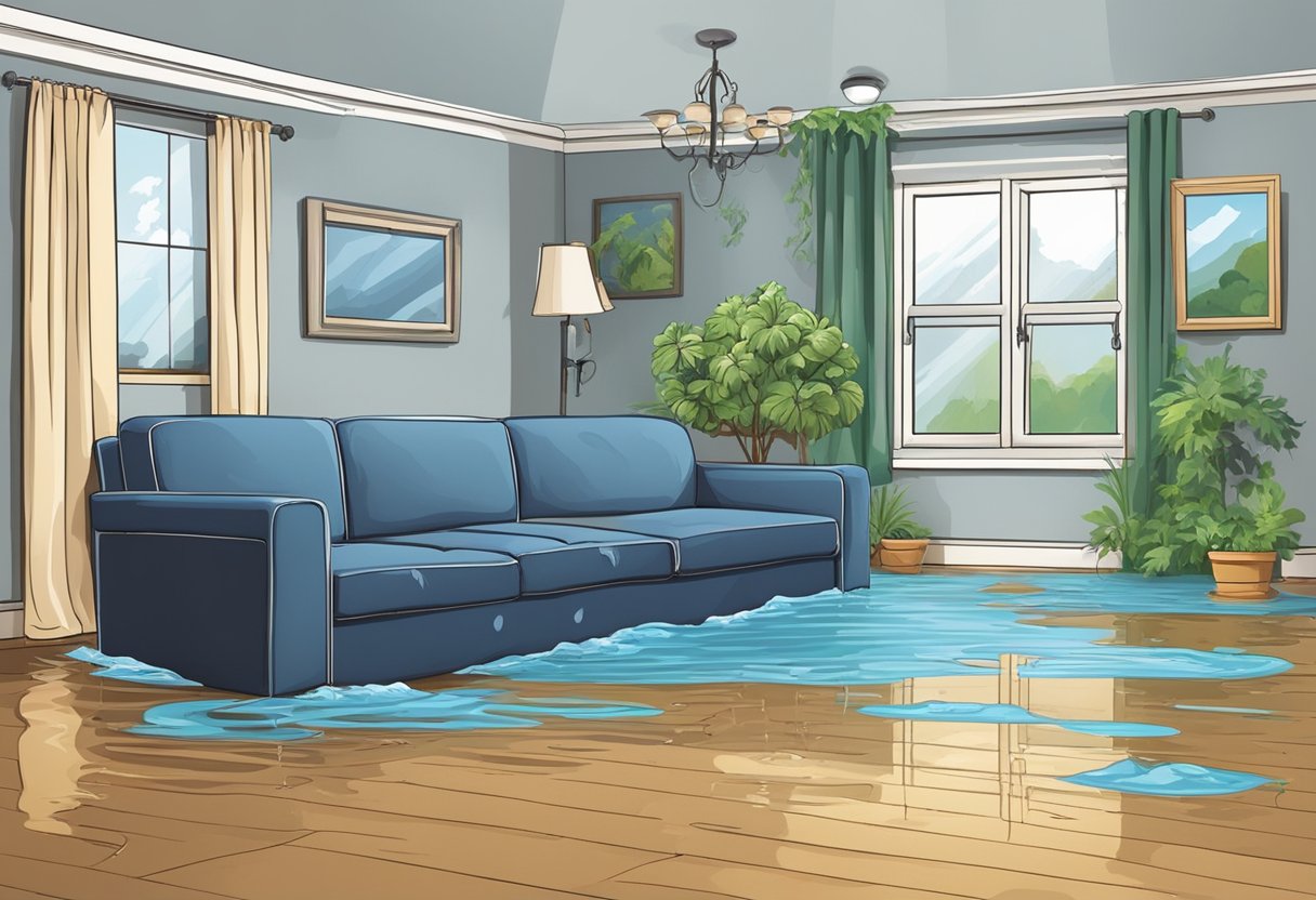 Water damage: a burst pipe floods a home, causing ceiling and wall damage. Flood damage: a river overflows, submerging houses and cars