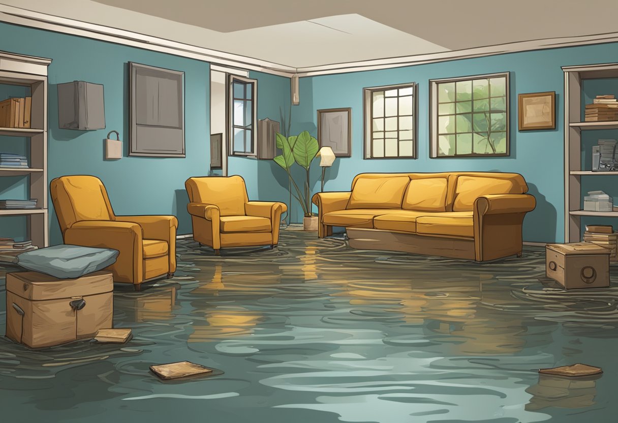 A flooded basement with waterlogged furniture and damaged walls, contrasting with a restored living room with repaired flooring and dry, salvaged belongings