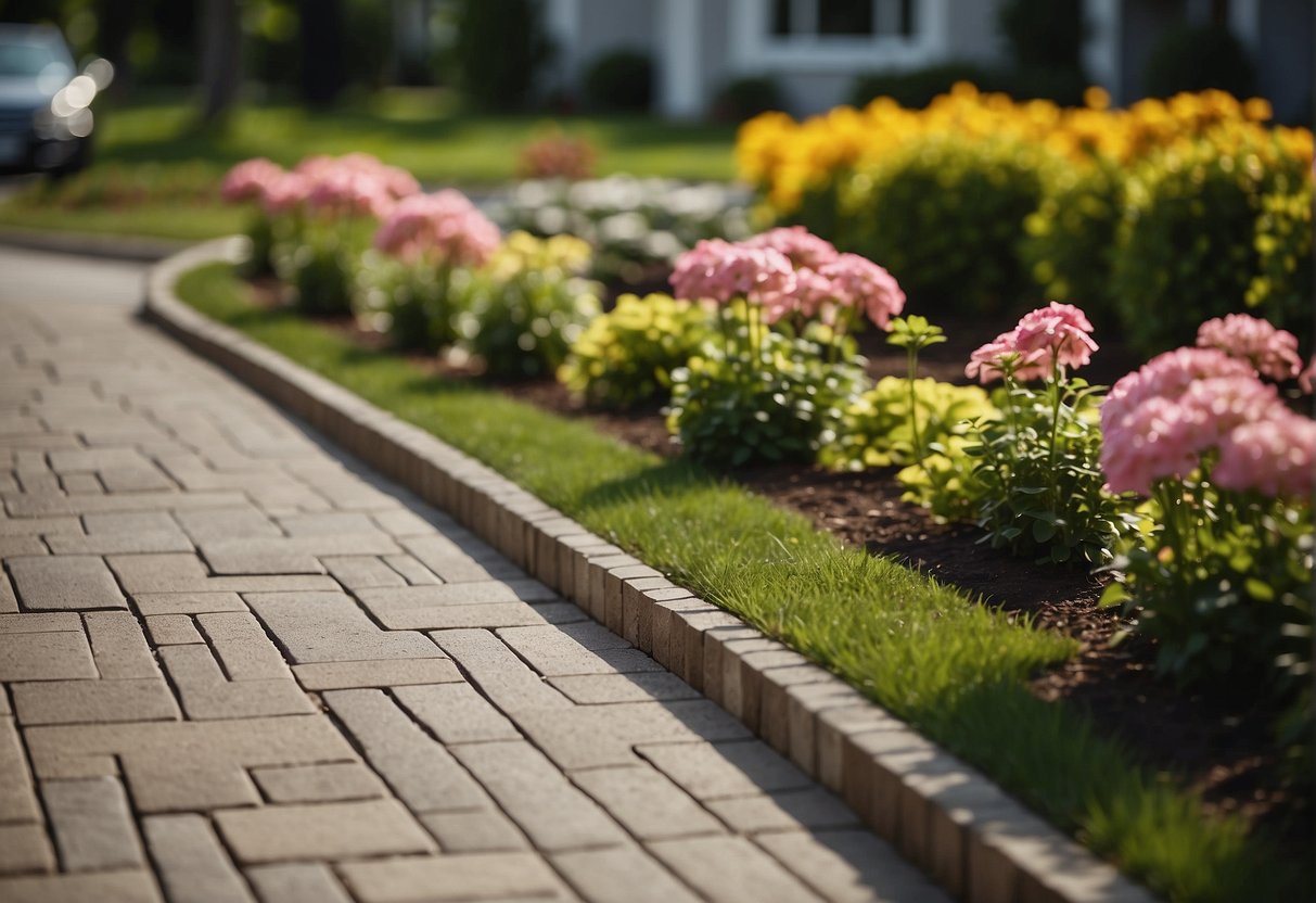 A driveway lined with interlocking pavers, leading to a well-maintained home with a manicured lawn and vibrant flowers, creating a welcoming and aesthetically pleasing curb appeal