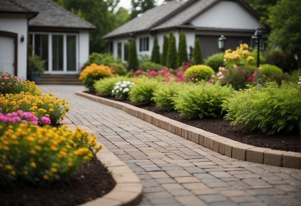 A driveway lined with interlocking pavers leading up to a stylish house with landscaped gardens. Bright, colorful flowers and lush greenery enhance the curb appeal