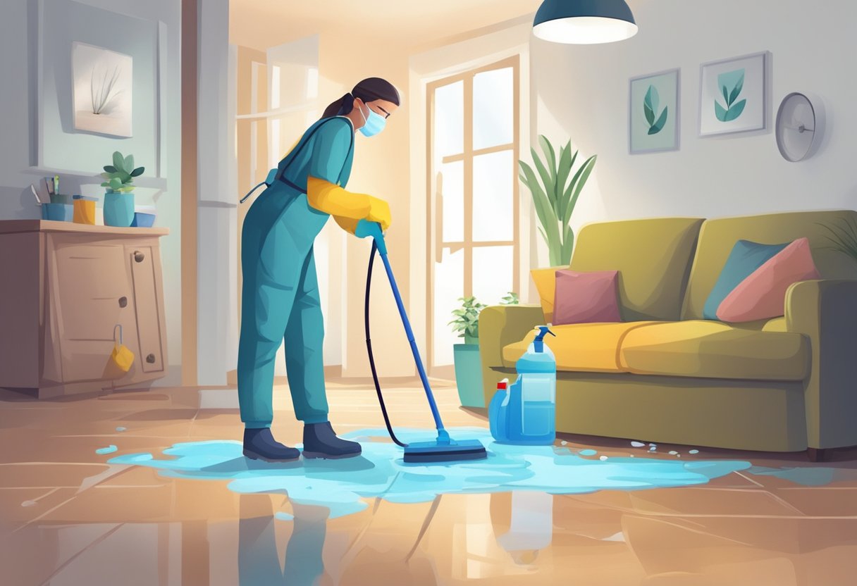 A person wiping and disinfecting water-damaged surfaces in a home with cleaning supplies and protective gear
