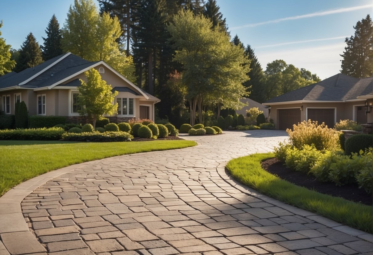 A well-maintained driveway with interlocking pavers, surrounded by lush landscaping and a clean exterior, enhances the durability and curb appeal of the property