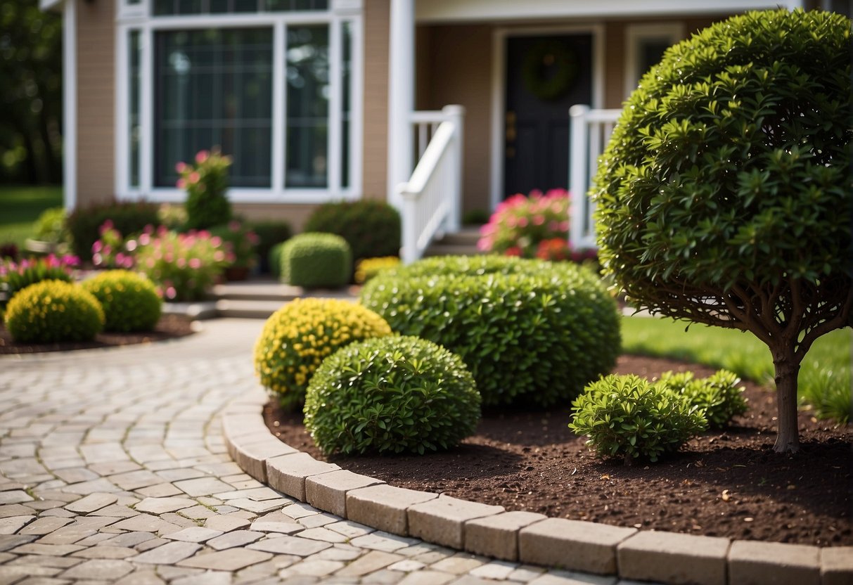 A front yard with a neat arrangement of interlocking pavers, leading to a well-maintained house with vibrant landscaping and appealing curb appeal