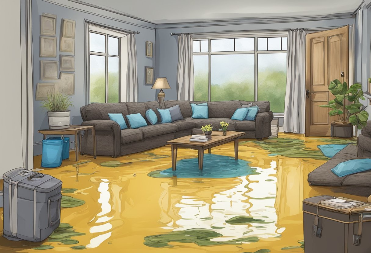 A flooded home with water damage: standing water, soaked furniture, damaged walls and flooring, and visible signs of mold growth