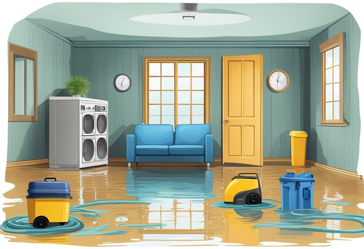 A flooded room with water damage, dehumidifiers and air movers running, restoring the space. Wet materials removed, drying equipment placed strategically