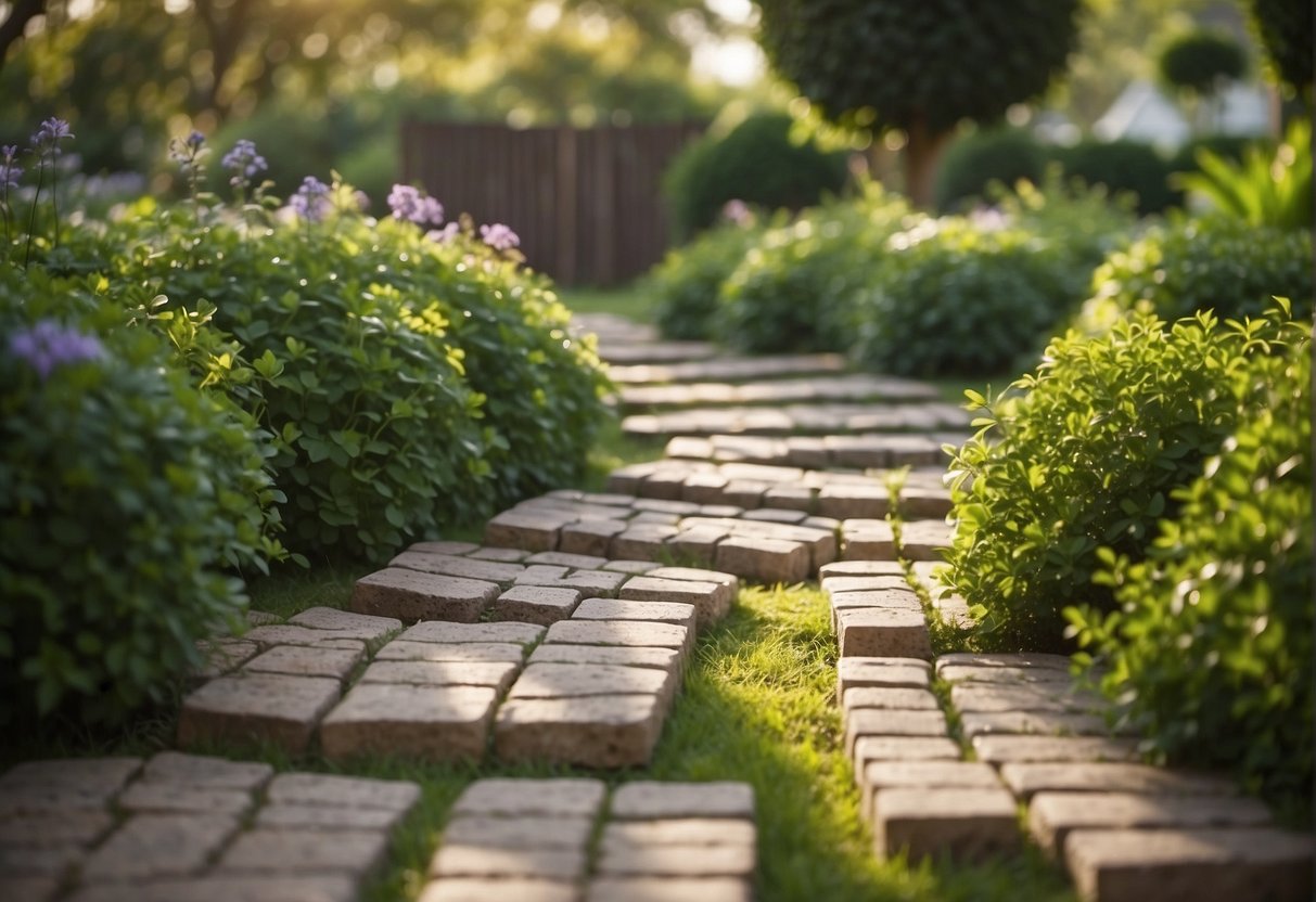 A garden path made of interlocking pavers winds through a lush, green landscape, showcasing the environmental advantages of this sustainable and durable paving option