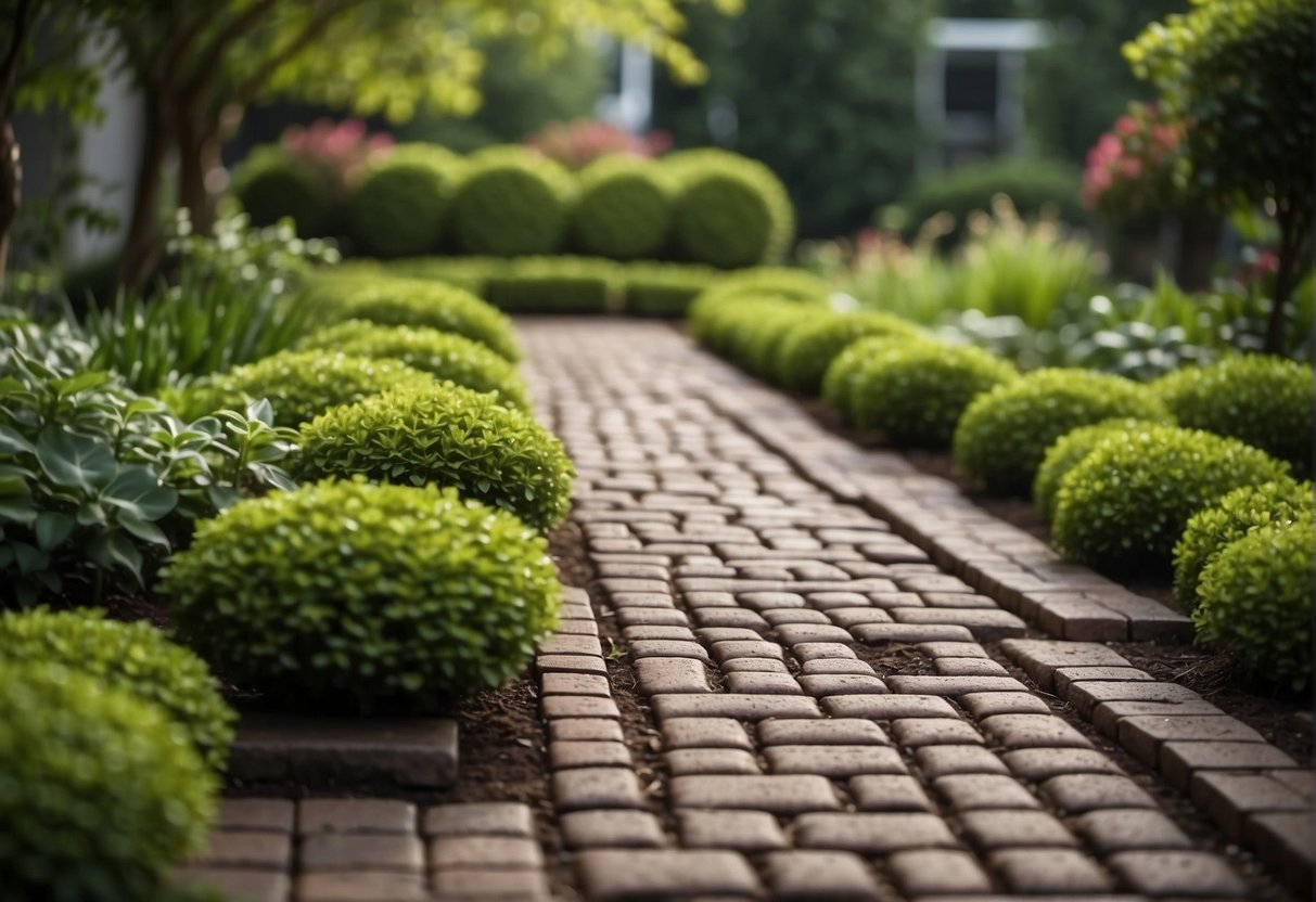 A lush garden with interlocking pavers, surrounded by trees and plants. Rainwater is being absorbed into the ground, reducing runoff and promoting natural water filtration