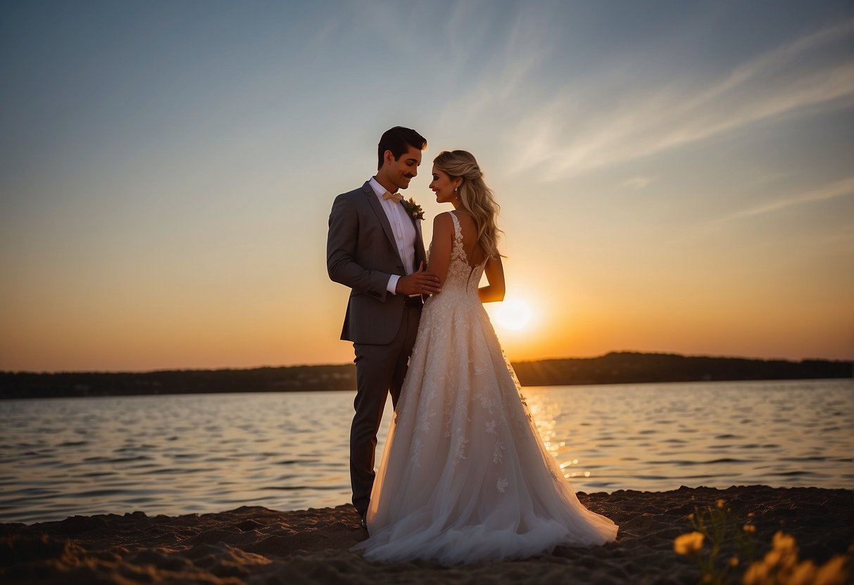 A wedding photographer capturing a romantic sunset ceremony with a focus on the bride's elegant dress and the groom's loving gaze