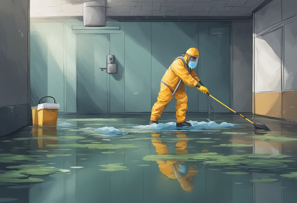 A person in protective gear using cleaning supplies to remove mold from a flooded area