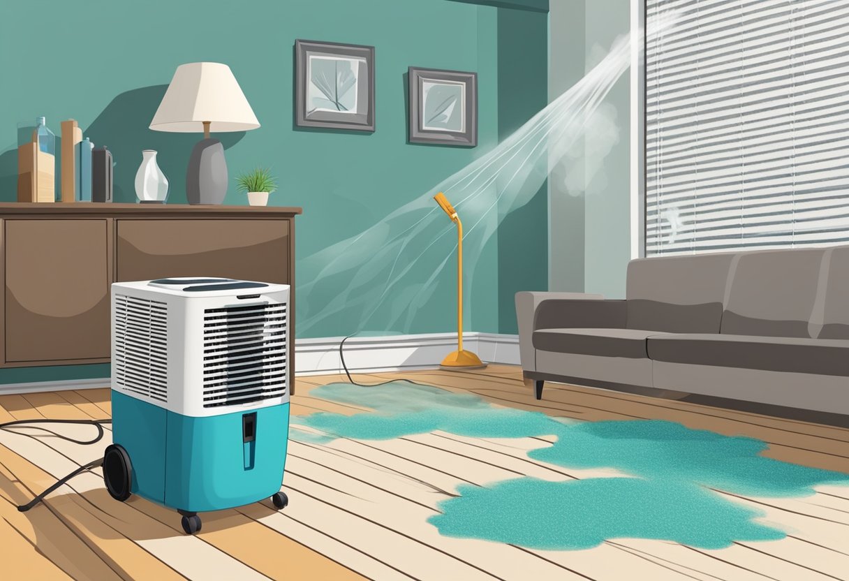 A dehumidifier hums in a waterlogged room, while fans blow air across damp surfaces. Moldy patches are being treated with cleaning solutions and scrubbed away