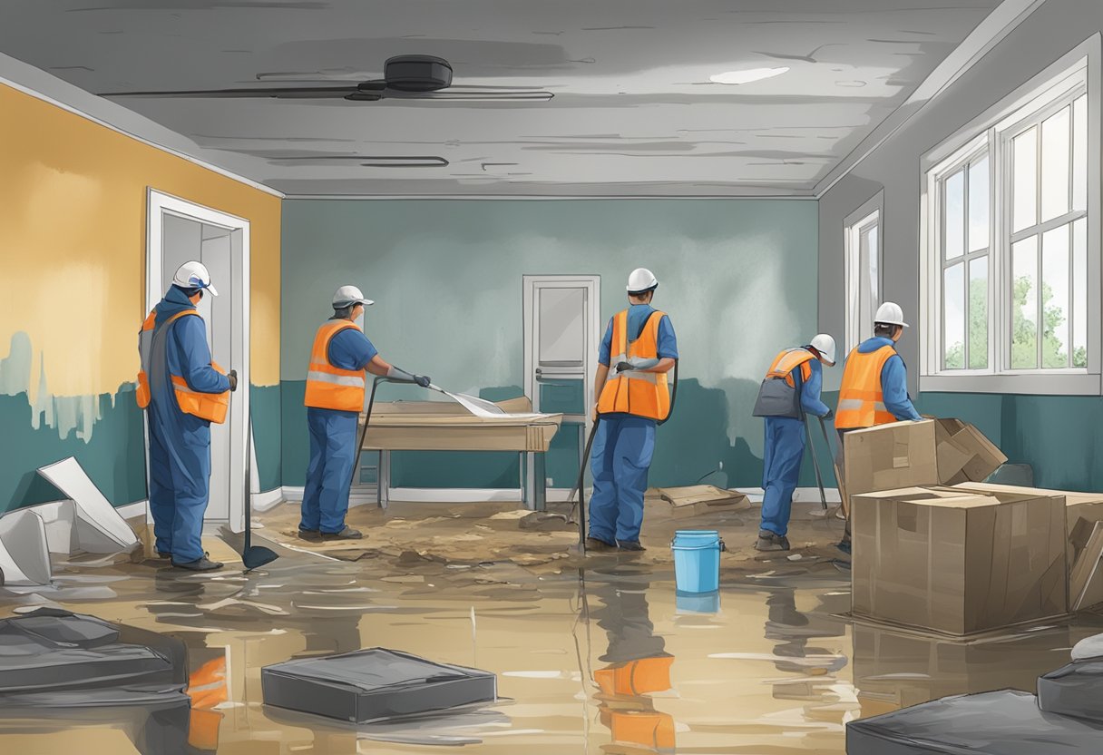 The scene shows a flooded area with mold-infested walls and belongings. Workers are seen restoring and rebuilding the damaged structures. Mold prevention and removal equipment are visible
