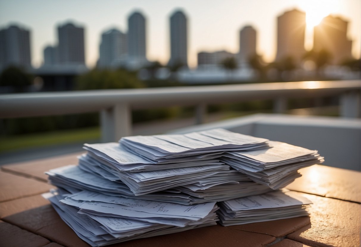 Interlocking pavers stacked with invoices and contracts, surrounded by a calculator and legal documents, against a backdrop of Fort Myers skyline