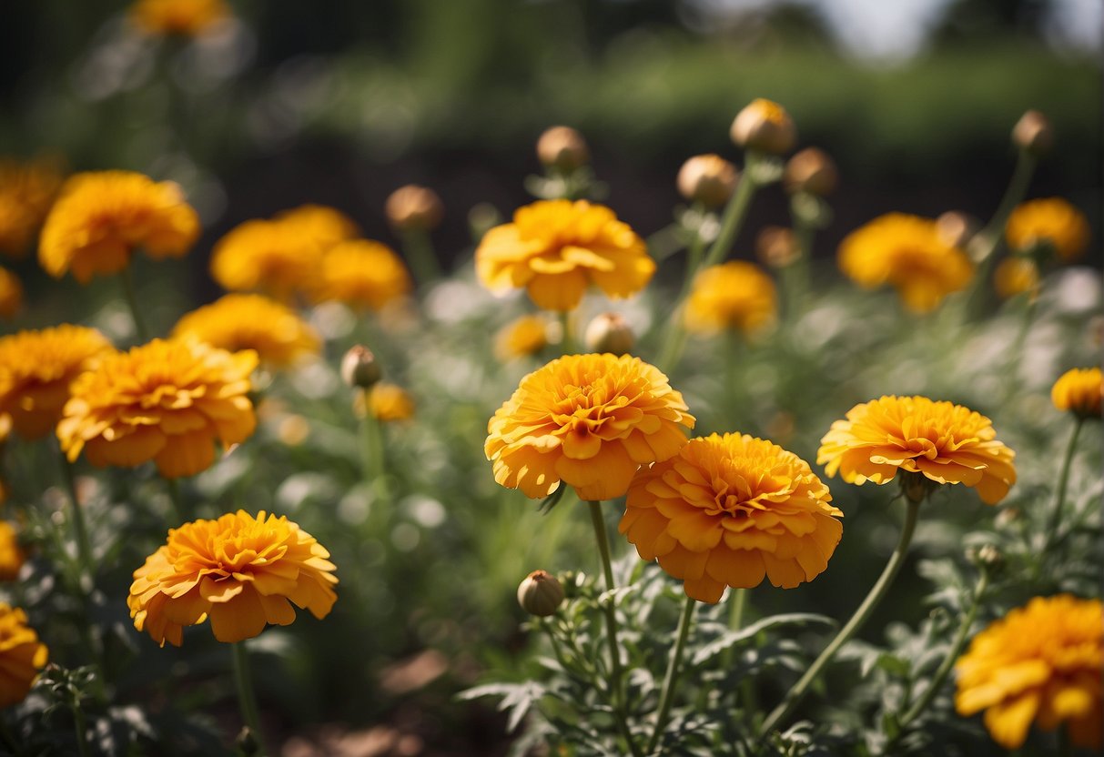 Vibrant marigolds bloom again in a sun-drenched garden, their golden petals swaying in the gentle breeze