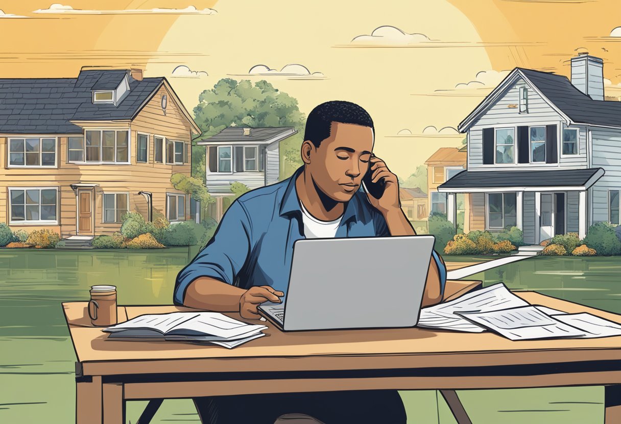 A homeowner sits at a desk, surrounded by paperwork and a laptop. They are on the phone with an insurance agent, discussing water and flood damage claims. Outside, the sun shines on the neighborhood, where other homes are also dealing with the aftermath of