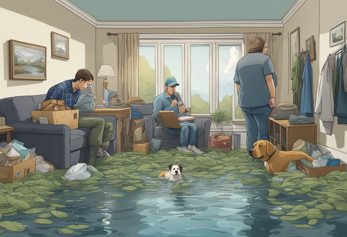 A flooded room with waterlogged belongings and a distraught pet, surrounded by concerned onlookers