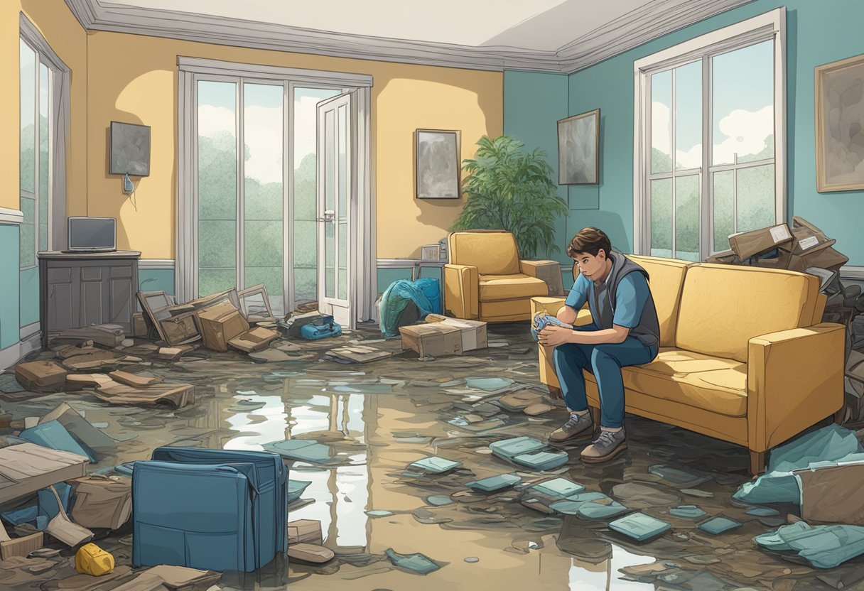 A flooded room with damaged furniture and mold growth. A person sits with a worried expression, surrounded by water-damaged belongings