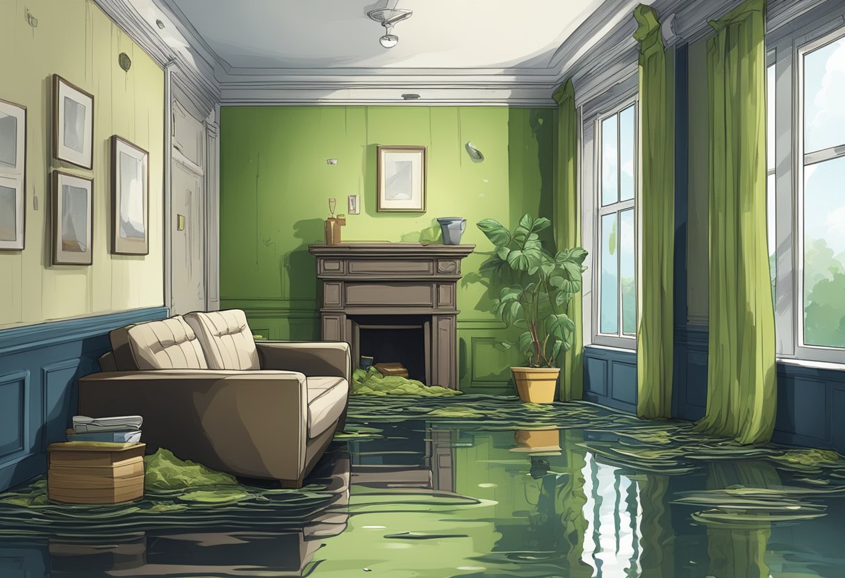 A flooded room with waterlogged furniture and moldy walls, showing the destructive impact of water damage on the environment