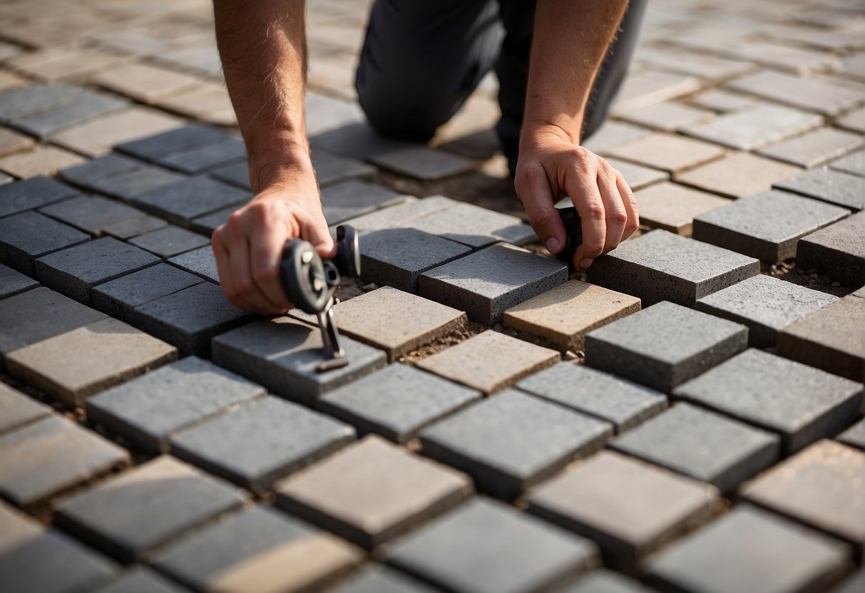 A person follows a step-by-step guide, laying interlocking pavers in a neat, organized pattern, using tools and materials