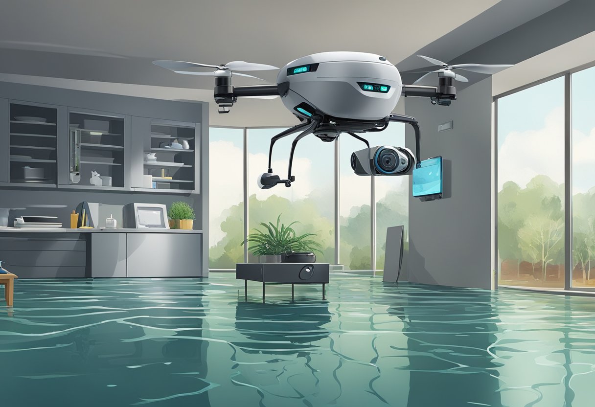 Cutting-edge machines extract water from flooded room, while drones survey damage and advanced sensors detect moisture levels. Futuristic technology aids in efficient water damage restoration