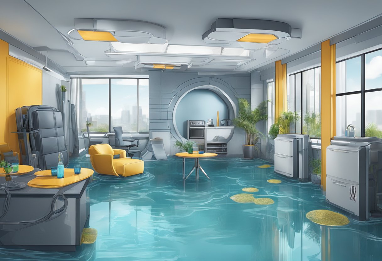 A futuristic water damage restoration scene with advanced technology and equipment in use