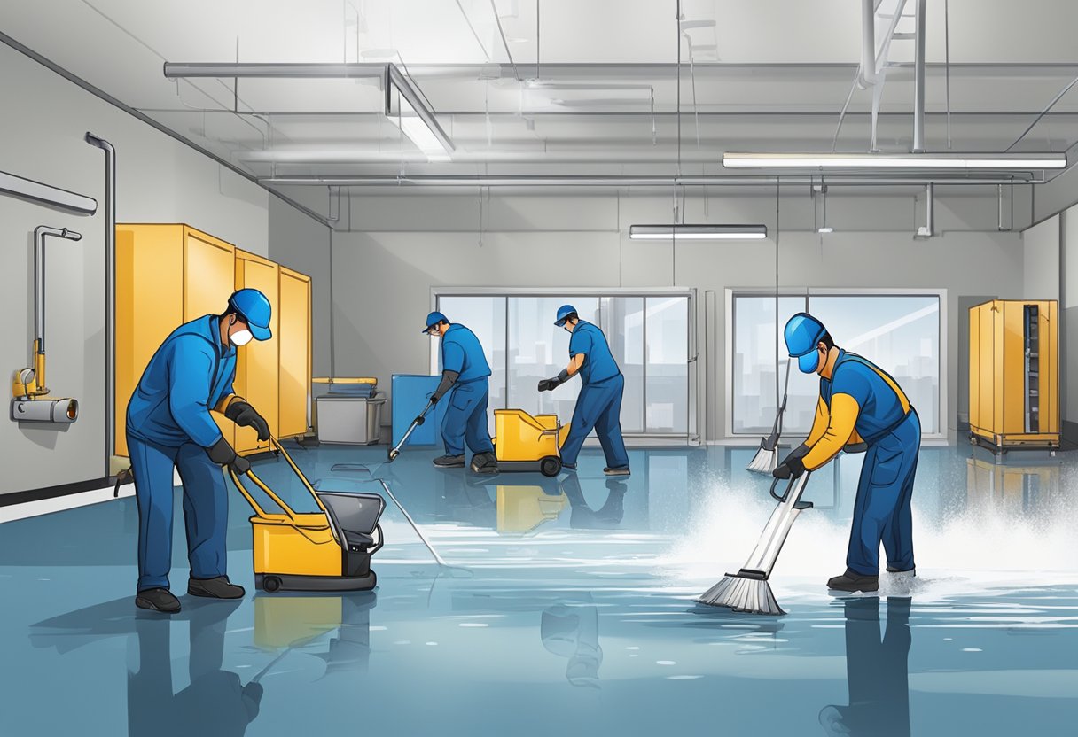 A team of workers swiftly remove water-damaged materials from a commercial space, while others set up drying equipment to minimize downtime and loss