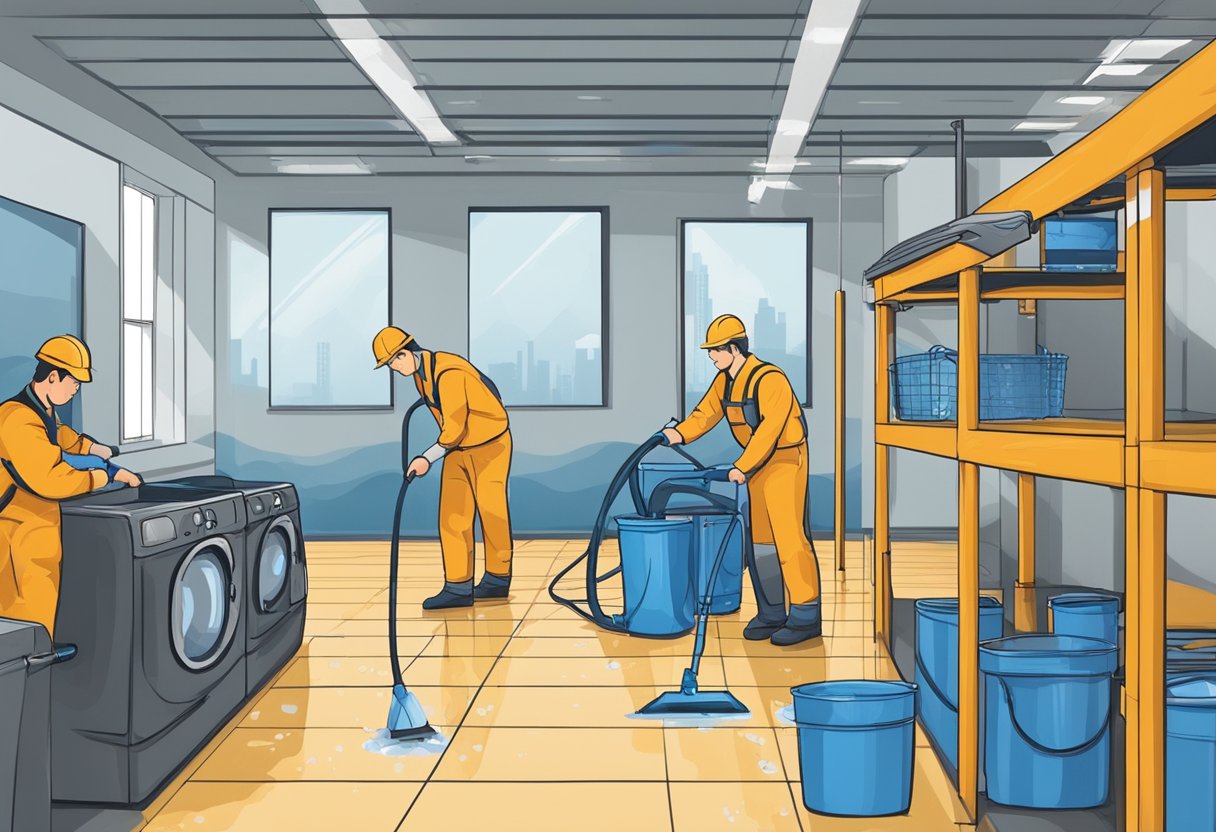 A team swiftly removes water, sets up drying equipment, and assesses damage in a commercial space. They work efficiently to minimize downtime and prevent further loss