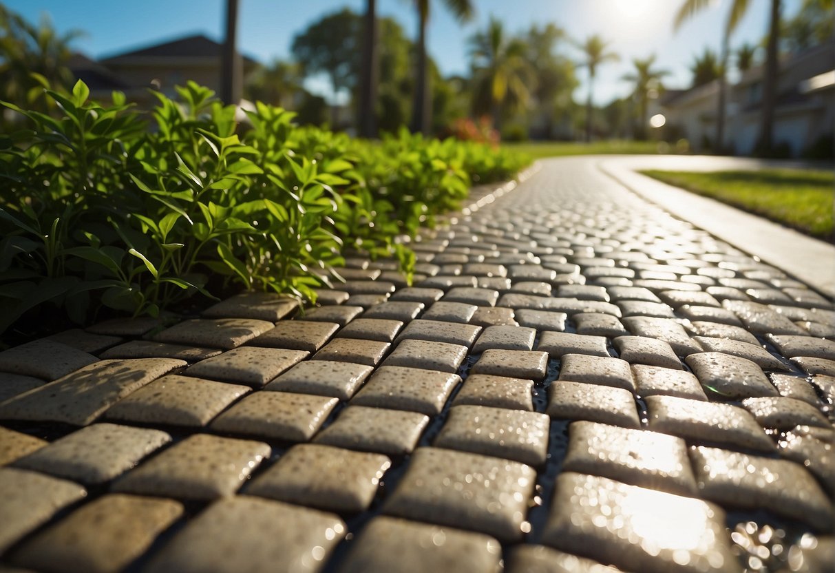 A sunny day in Fort Myers, with rainwater flowing through permeable pavers, preventing flooding and filtering pollutants. The pavers are surrounded by lush greenery, showcasing their benefits for the local climate