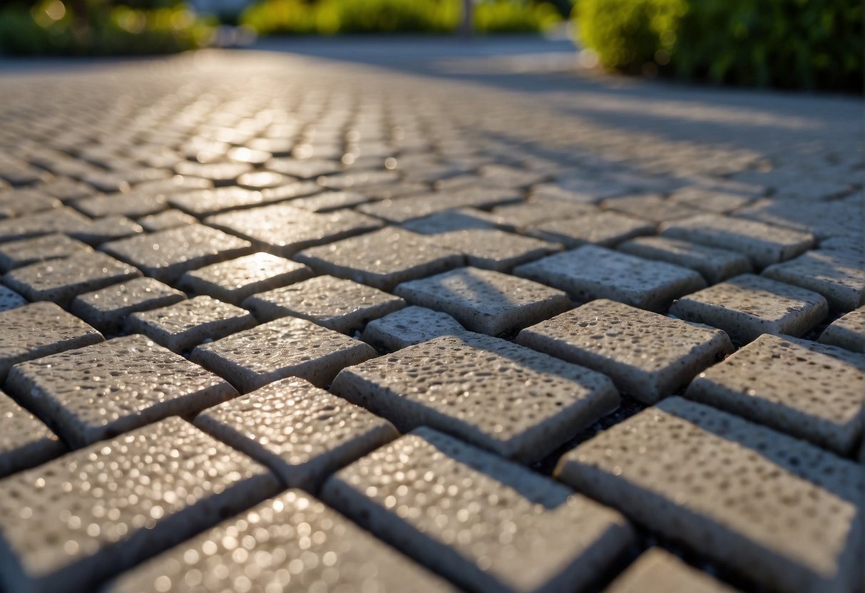 Permeable pavers allow water to seep through, reducing flooding and erosion. They are installed in a sunny Fort Myers neighborhood, surrounded by lush vegetation and under a clear blue sky