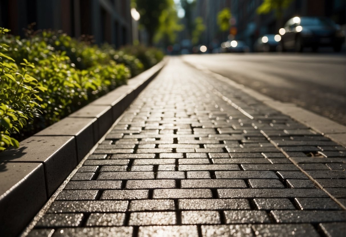 The sun shines down on a street lined with permeable pavers, allowing rainwater to seep into the ground. Lush green plants thrive in the surrounding area, benefitting from the improved drainage and reduced heat retention