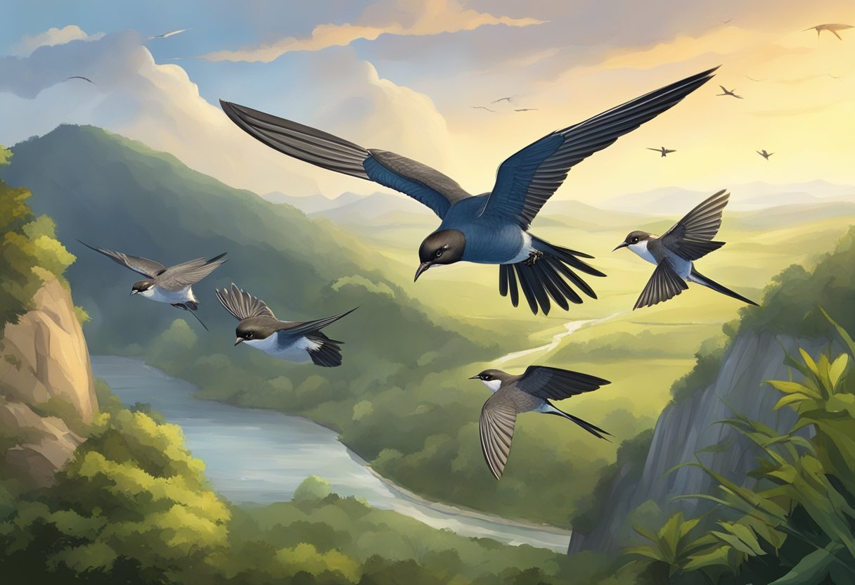 Wild swiftlet birds feeding on insects in their natural environment. The surrounding landscape influences their diet