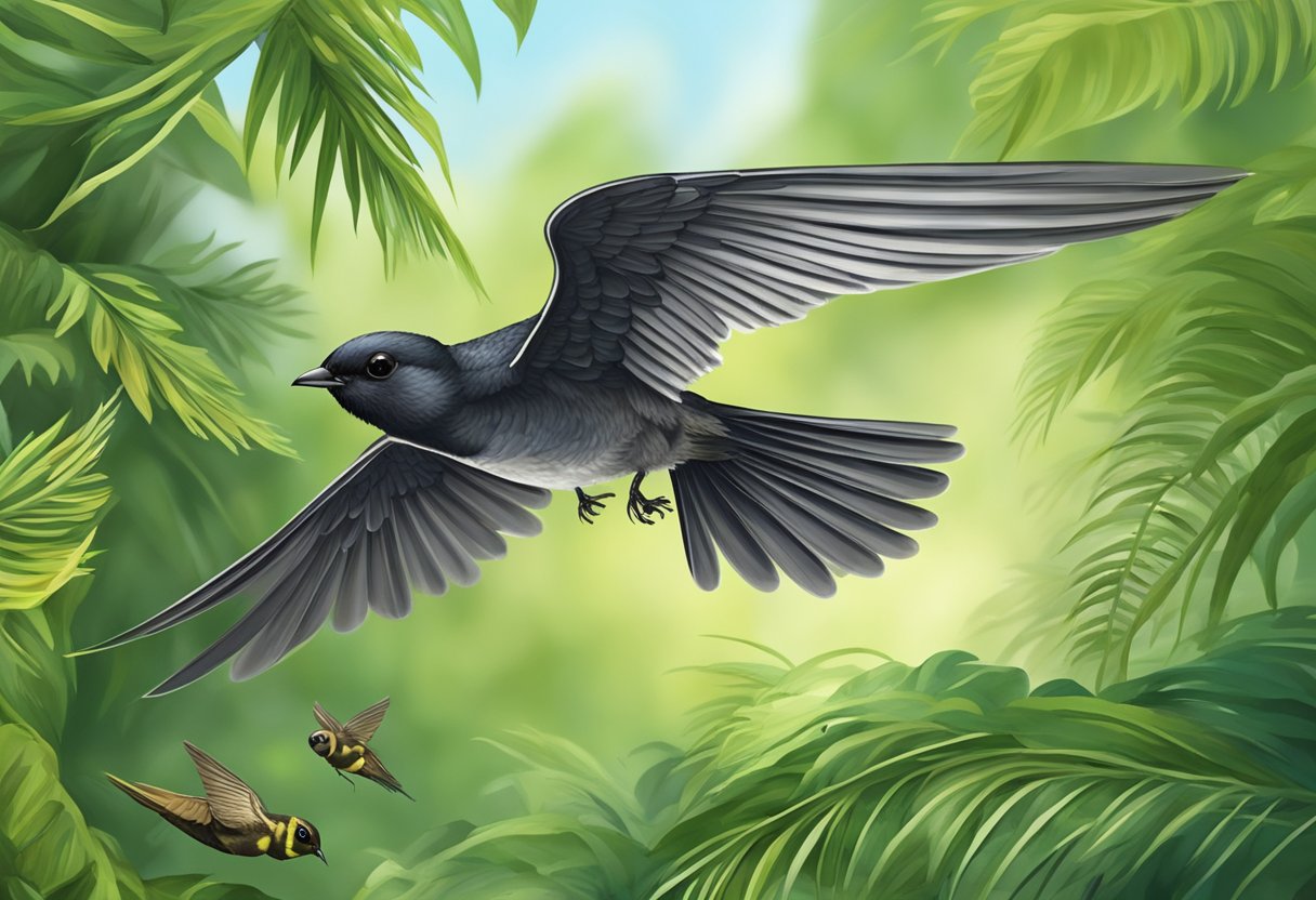 A wild swiftlet bird catches insects in flight for its young in a lush, tropical ecosystem