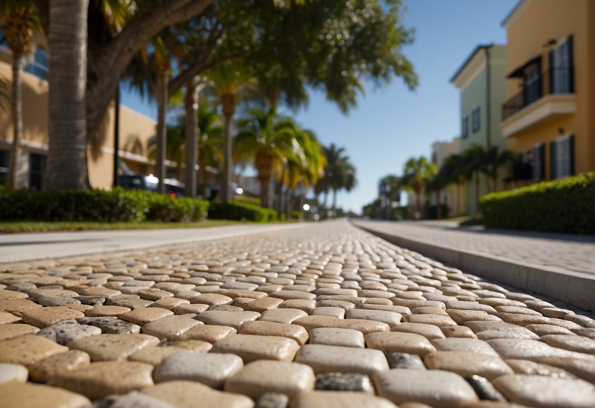 A sunny Fort Myers street with permeable pavers, allowing water to seep through, reducing runoff and heat. Trees provide shade